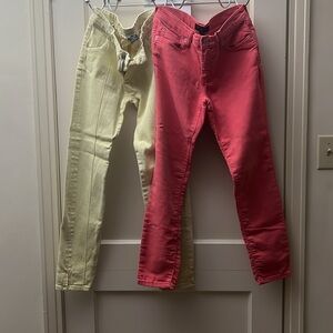 2 stretchable pants one is color red orange and yellow